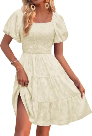 dowerme Womens Summer Dresses 2025 Puff Short Sleeve Square Neck Smocked Floral Wedding Guest Mini Dress with Pockets