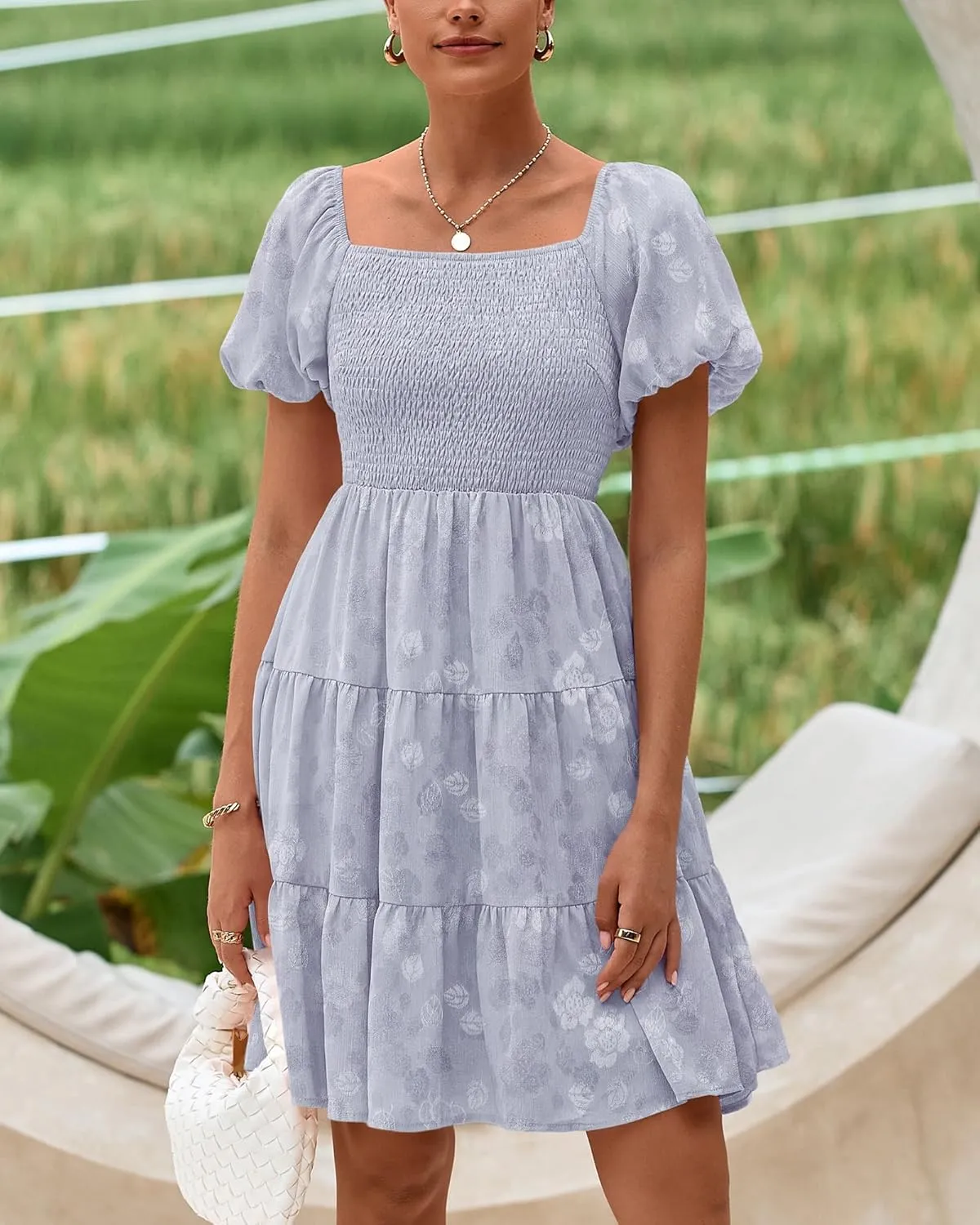 dowerme Womens Summer Dresses 2025 Puff Short Sleeve Square Neck Smocked Floral Wedding Guest Mini Dress with Pockets