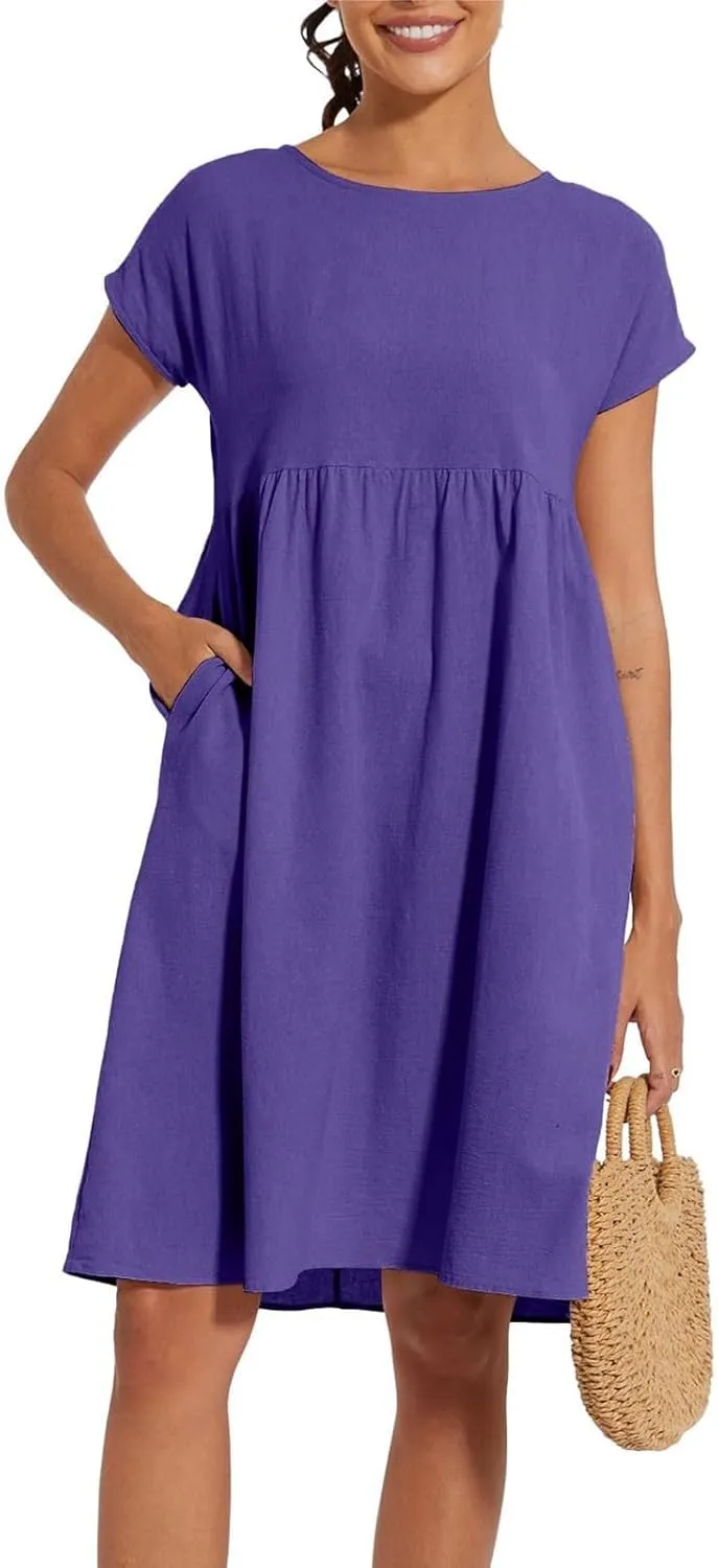 Dresses for Women 2024 Summer Casual Plus Size Short Sleeve Linen Midi Dress Trendy Loose Beach Sundress with Pockets