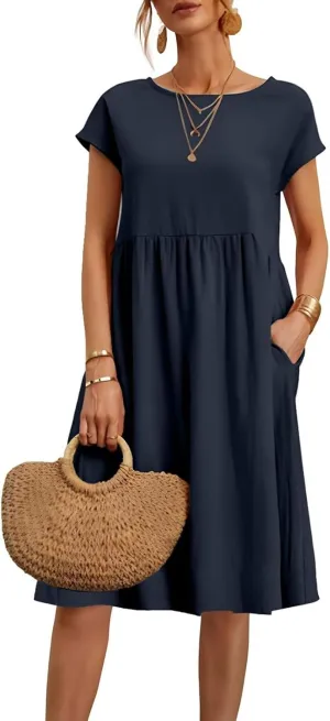 Dresses for Women 2024 Summer Casual Plus Size Short Sleeve Linen Midi Dress Trendy Loose Beach Sundress with Pockets