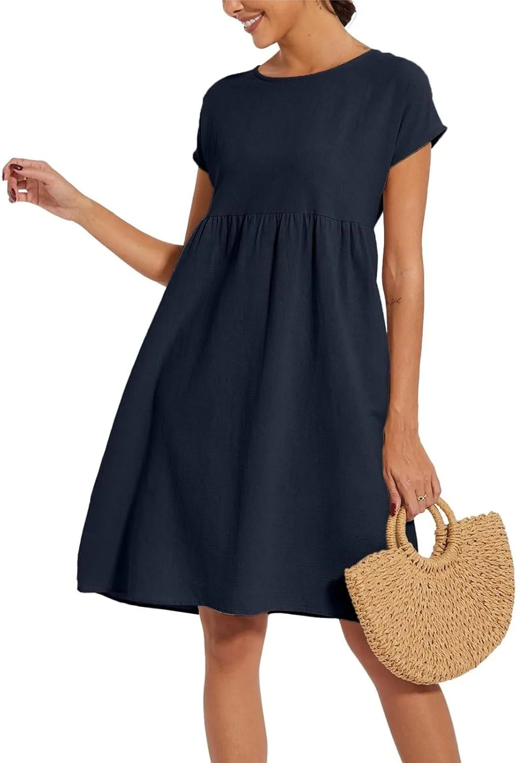 Dresses for Women 2024 Summer Casual Plus Size Short Sleeve Linen Midi Dress Trendy Loose Beach Sundress with Pockets