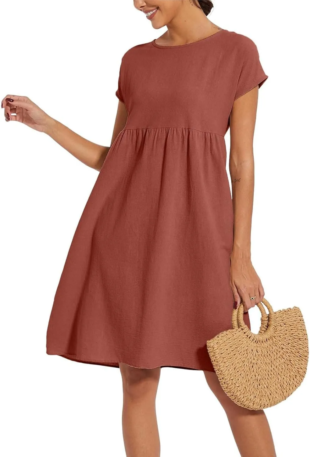 Dresses for Women 2024 Summer Casual Plus Size Short Sleeve Linen Midi Dress Trendy Loose Beach Sundress with Pockets