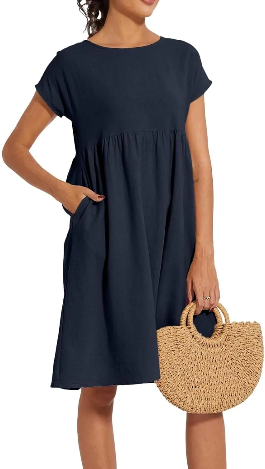 Dresses for Women 2024 Summer Casual Plus Size Short Sleeve Linen Midi Dress Trendy Loose Beach Sundress with Pockets