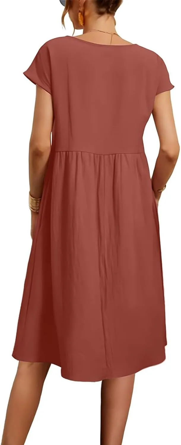Dresses for Women 2024 Summer Casual Plus Size Short Sleeve Linen Midi Dress Trendy Loose Beach Sundress with Pockets