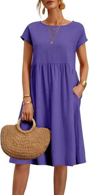 Dresses for Women 2024 Summer Casual Plus Size Short Sleeve Linen Midi Dress Trendy Loose Beach Sundress with Pockets