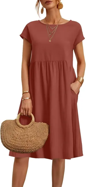 Dresses for Women 2024 Summer Casual Plus Size Short Sleeve Linen Midi Dress Trendy Loose Beach Sundress with Pockets