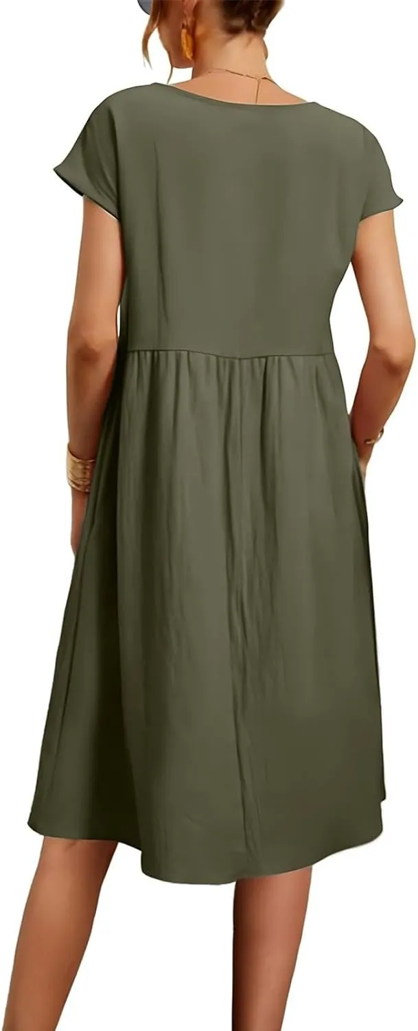 Dresses for Women 2024 Summer Casual Plus Size Short Sleeve Linen Midi Dress Trendy Loose Beach Sundress with Pockets