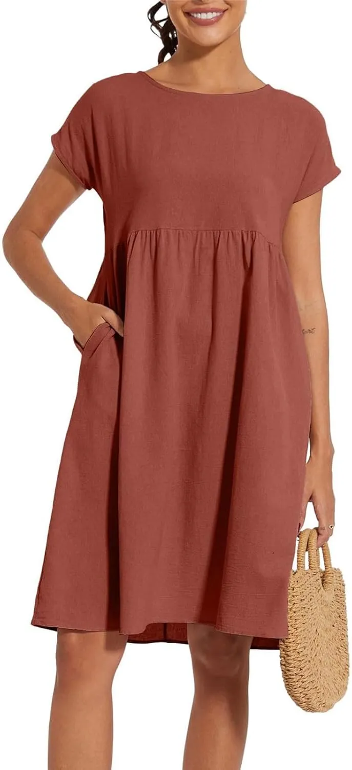 Dresses for Women 2024 Summer Casual Plus Size Short Sleeve Linen Midi Dress Trendy Loose Beach Sundress with Pockets