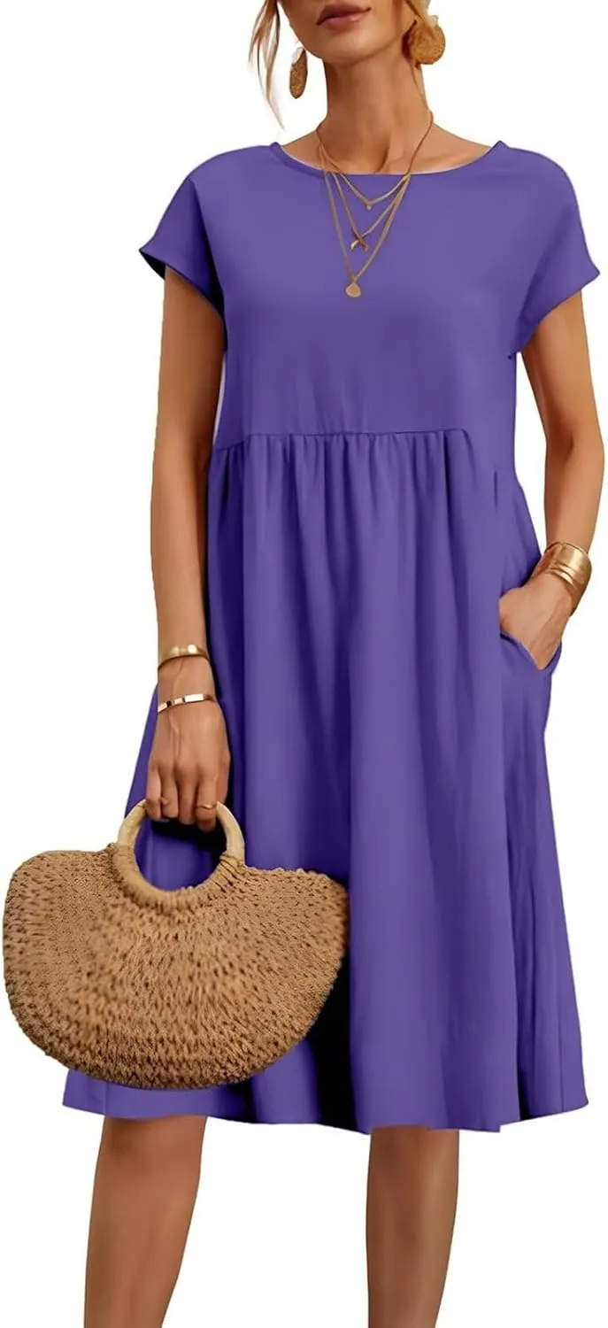 Dresses for Women 2024 Summer Casual Plus Size Short Sleeve Linen Midi Dress Trendy Loose Beach Sundress with Pockets