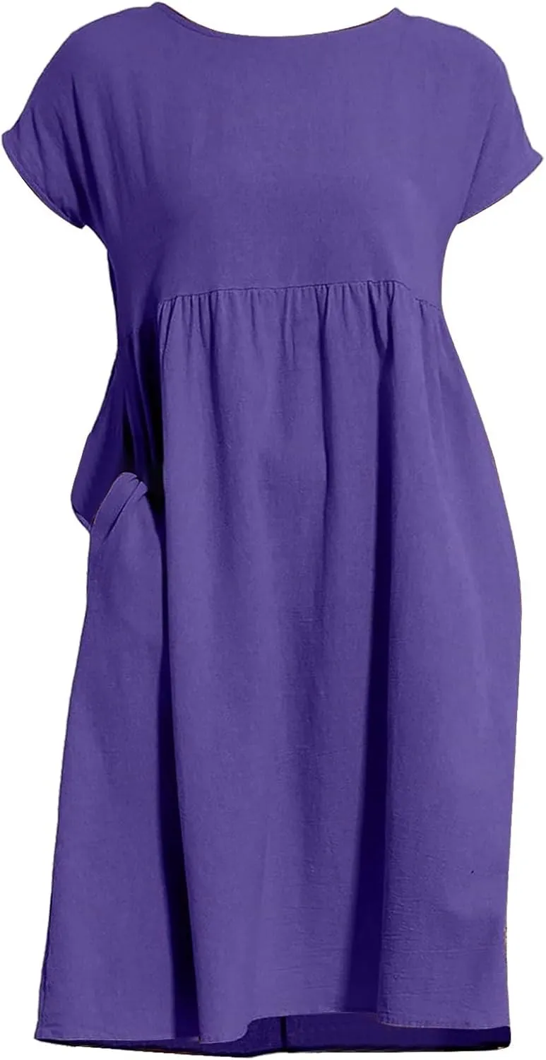 Dresses for Women 2024 Summer Casual Plus Size Short Sleeve Linen Midi Dress Trendy Loose Beach Sundress with Pockets