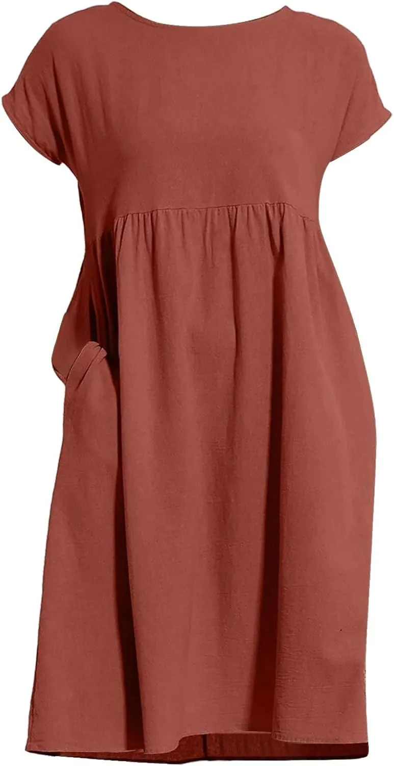 Dresses for Women 2024 Summer Casual Plus Size Short Sleeve Linen Midi Dress Trendy Loose Beach Sundress with Pockets