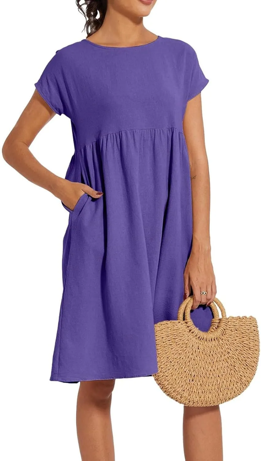 Dresses for Women 2024 Summer Casual Plus Size Short Sleeve Linen Midi Dress Trendy Loose Beach Sundress with Pockets