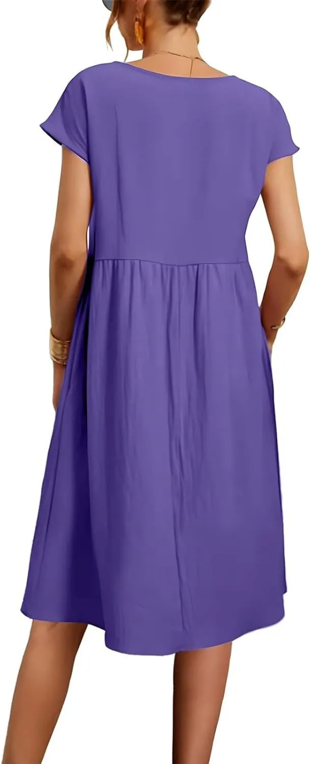 Dresses for Women 2024 Summer Casual Plus Size Short Sleeve Linen Midi Dress Trendy Loose Beach Sundress with Pockets