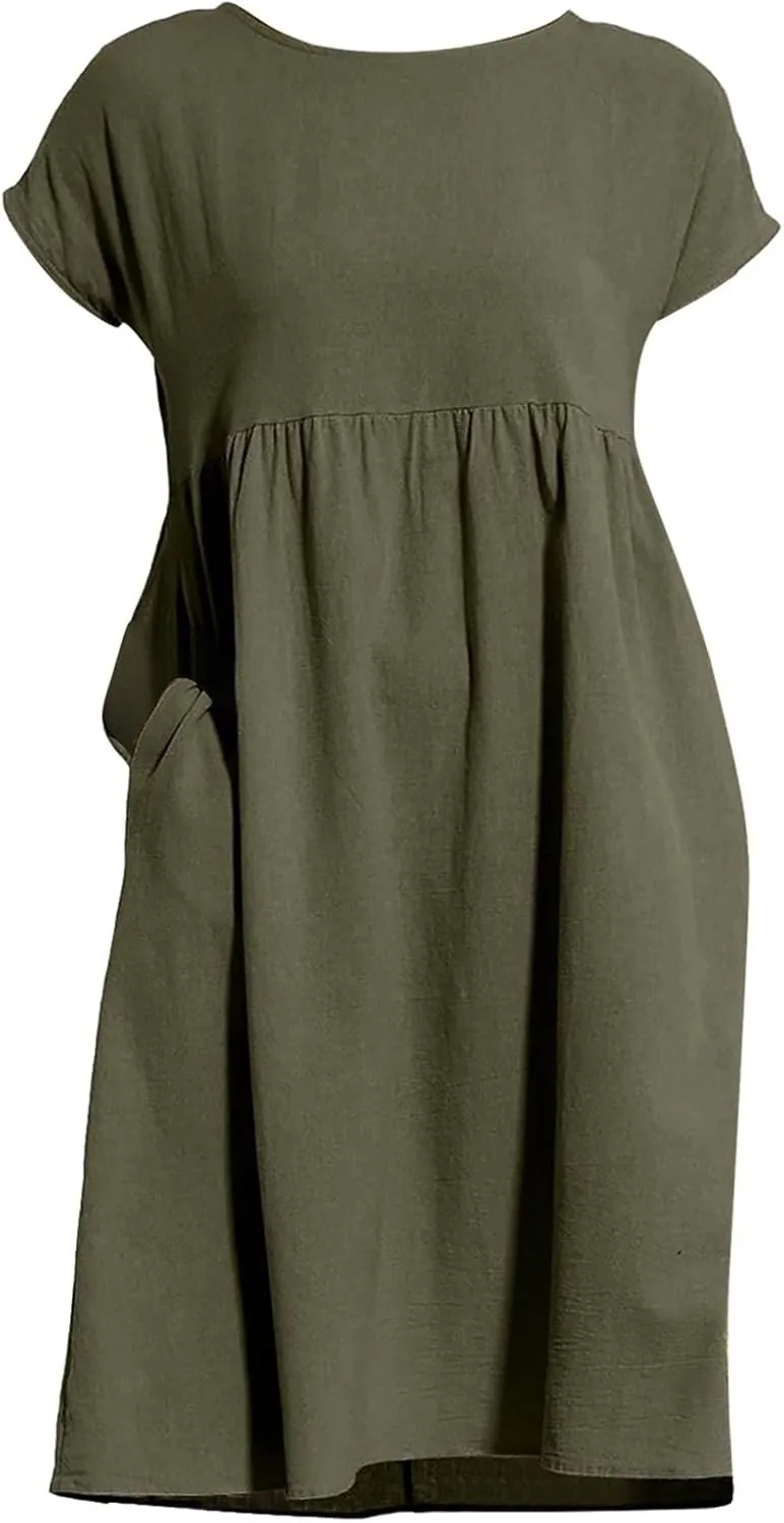 Dresses for Women 2024 Summer Casual Plus Size Short Sleeve Linen Midi Dress Trendy Loose Beach Sundress with Pockets