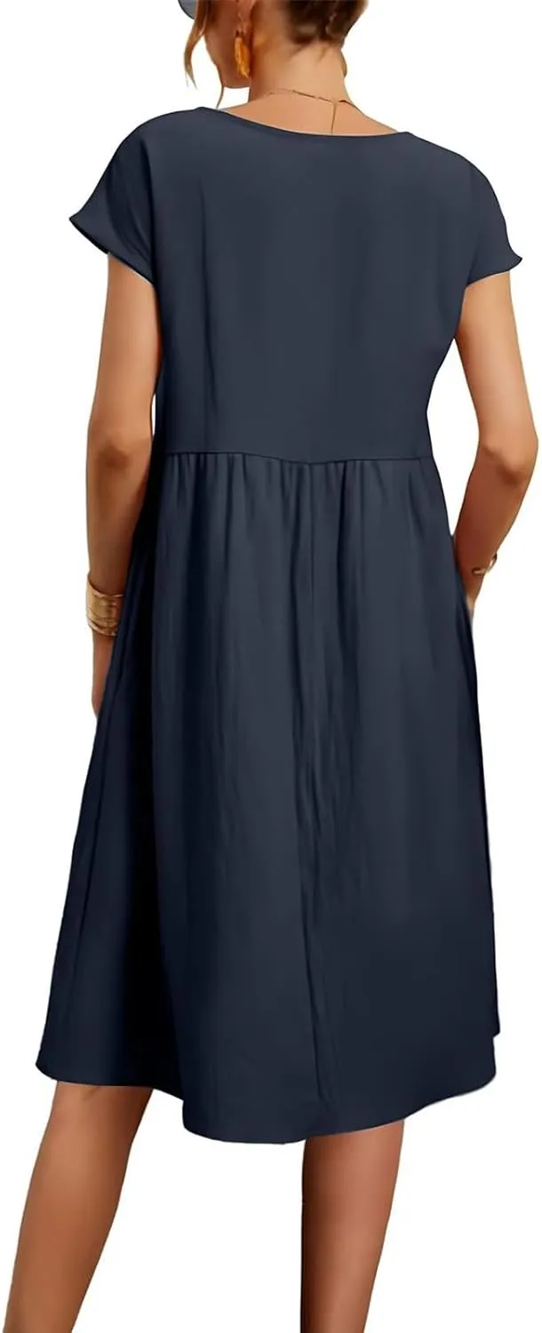 Dresses for Women 2024 Summer Casual Plus Size Short Sleeve Linen Midi Dress Trendy Loose Beach Sundress with Pockets