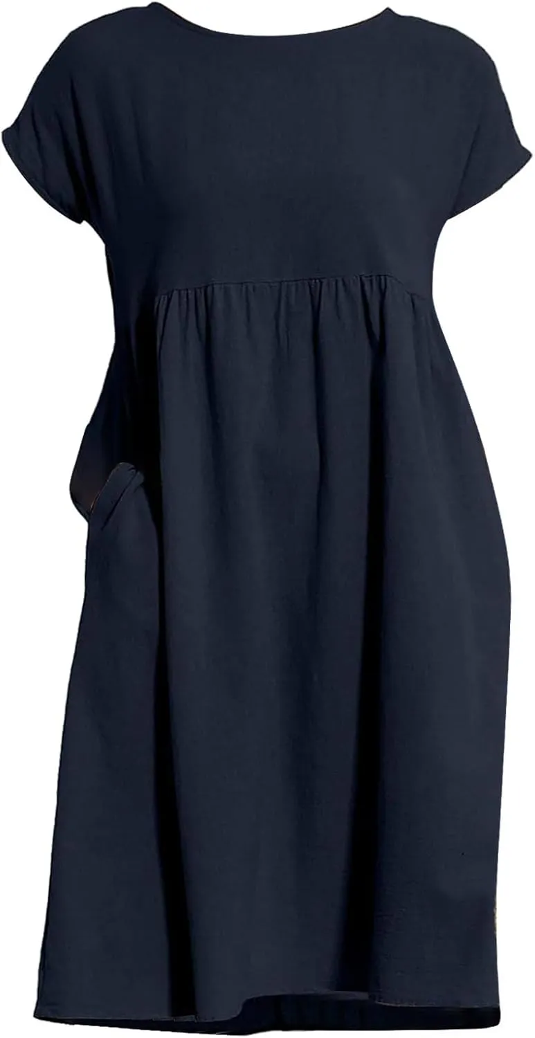 Dresses for Women 2024 Summer Casual Plus Size Short Sleeve Linen Midi Dress Trendy Loose Beach Sundress with Pockets