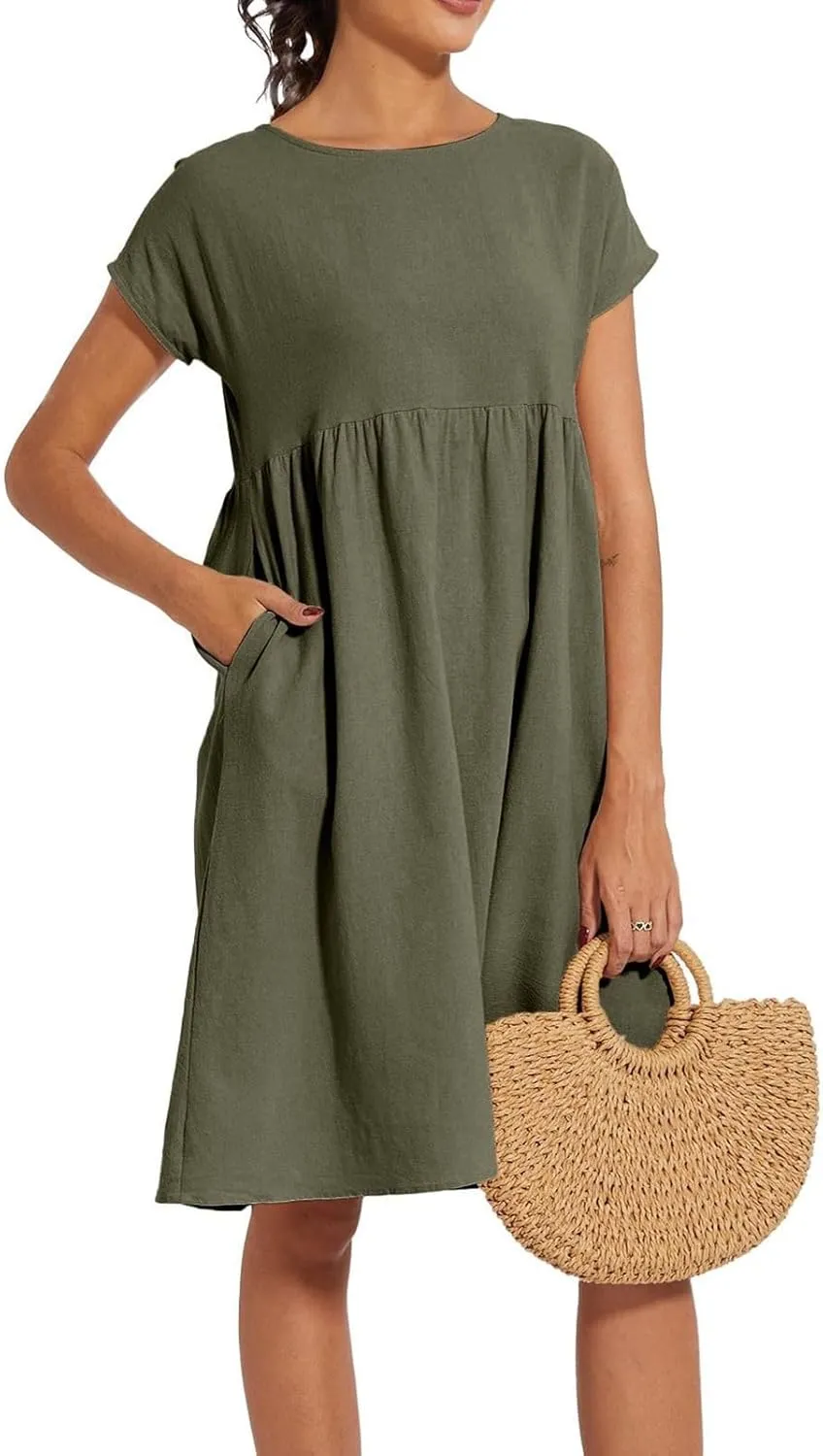 Dresses for Women 2024 Summer Casual Plus Size Short Sleeve Linen Midi Dress Trendy Loose Beach Sundress with Pockets