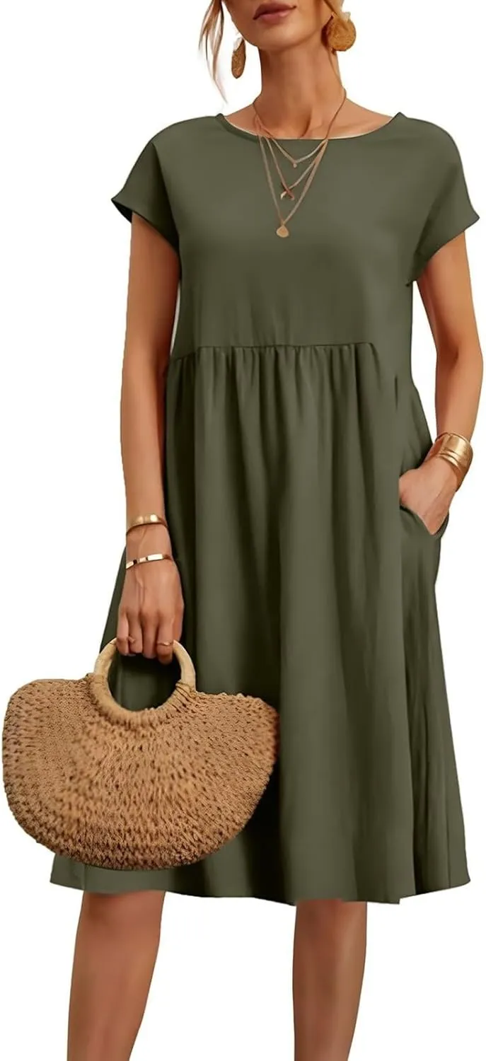 Dresses for Women 2024 Summer Casual Plus Size Short Sleeve Linen Midi Dress Trendy Loose Beach Sundress with Pockets