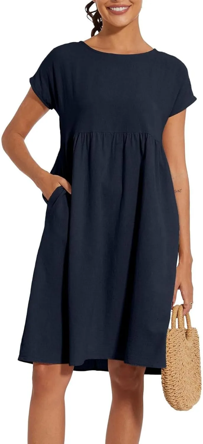 Dresses for Women 2024 Summer Casual Plus Size Short Sleeve Linen Midi Dress Trendy Loose Beach Sundress with Pockets