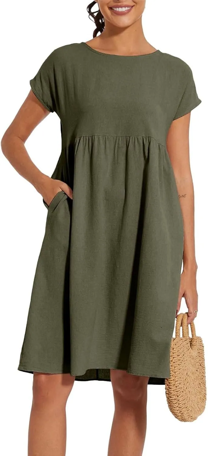 Dresses for Women 2024 Summer Casual Plus Size Short Sleeve Linen Midi Dress Trendy Loose Beach Sundress with Pockets