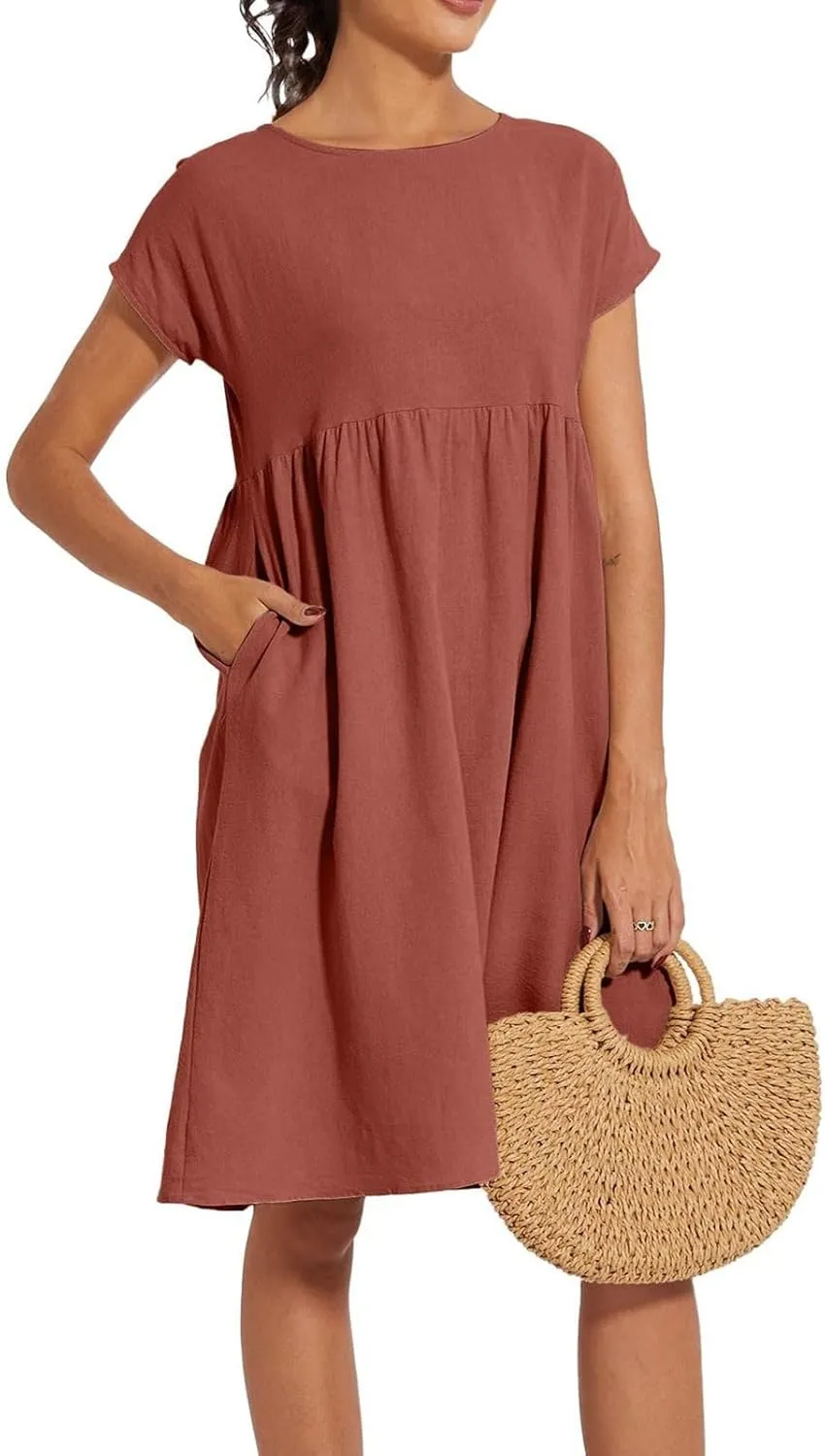 Dresses for Women 2024 Summer Casual Plus Size Short Sleeve Linen Midi Dress Trendy Loose Beach Sundress with Pockets