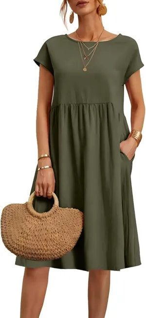 Dresses for Women 2024 Summer Casual Plus Size Short Sleeve Linen Midi Dress Trendy Loose Beach Sundress with Pockets