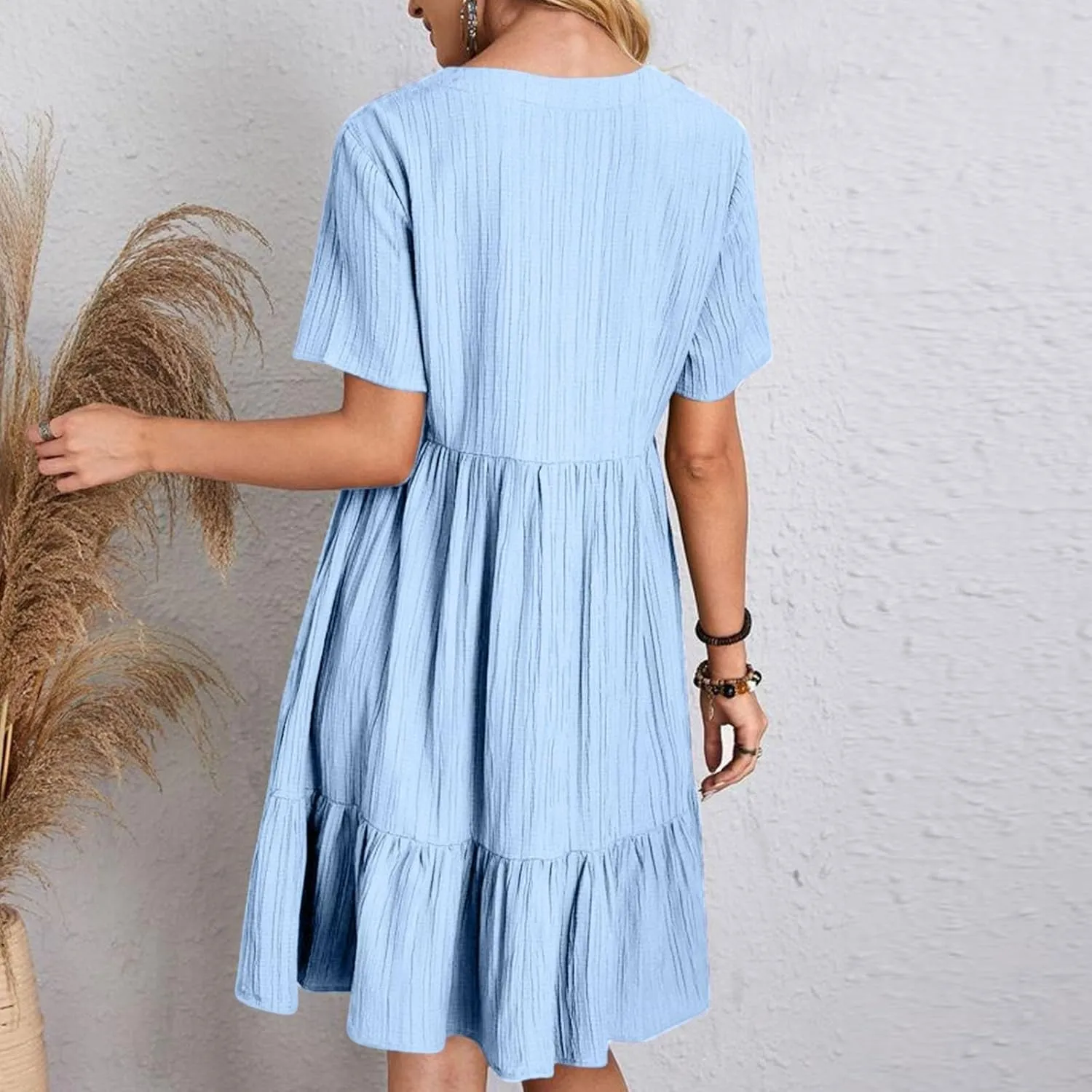 Dresses for Women 2025 Summer Short Sleeve V Neck Mini Dress Flowy Pleated Swing Shift Loose Casual Beach Sundresses
