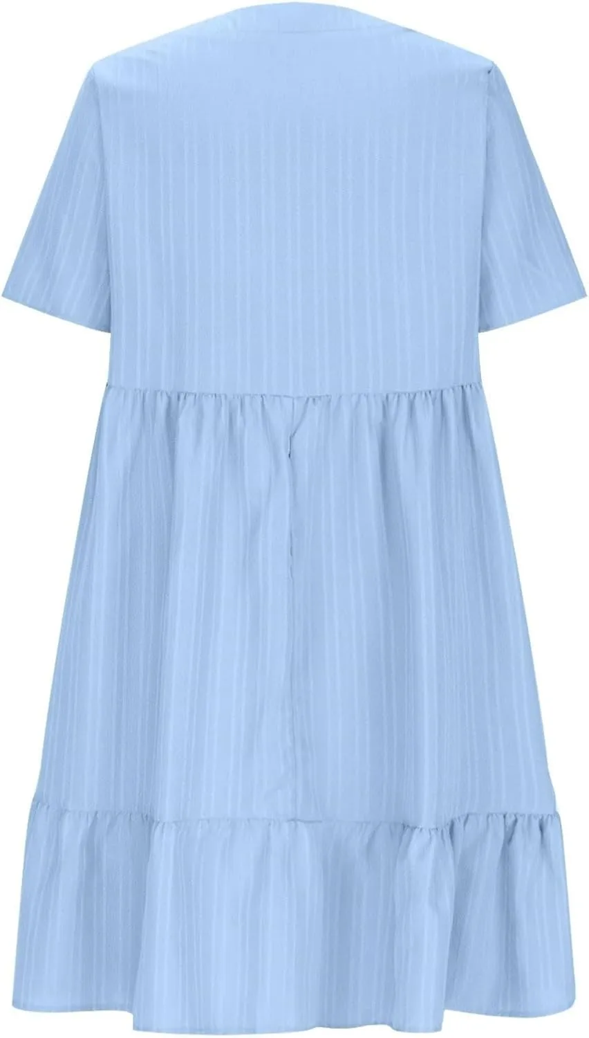 Dresses for Women 2025 Summer Short Sleeve V Neck Mini Dress Flowy Pleated Swing Shift Loose Casual Beach Sundresses