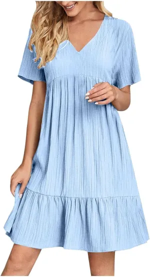 Dresses for Women 2025 Summer Short Sleeve V Neck Mini Dress Flowy Pleated Swing Shift Loose Casual Beach Sundresses