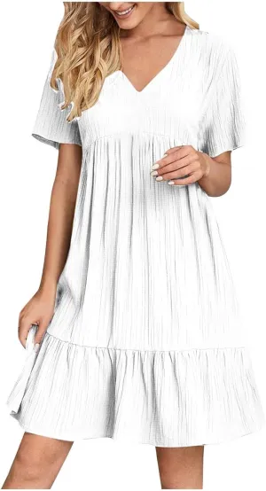Dresses for Women 2025 Summer Short Sleeve V Neck Mini Dress Flowy Pleated Swing Shift Loose Casual Beach Sundresses