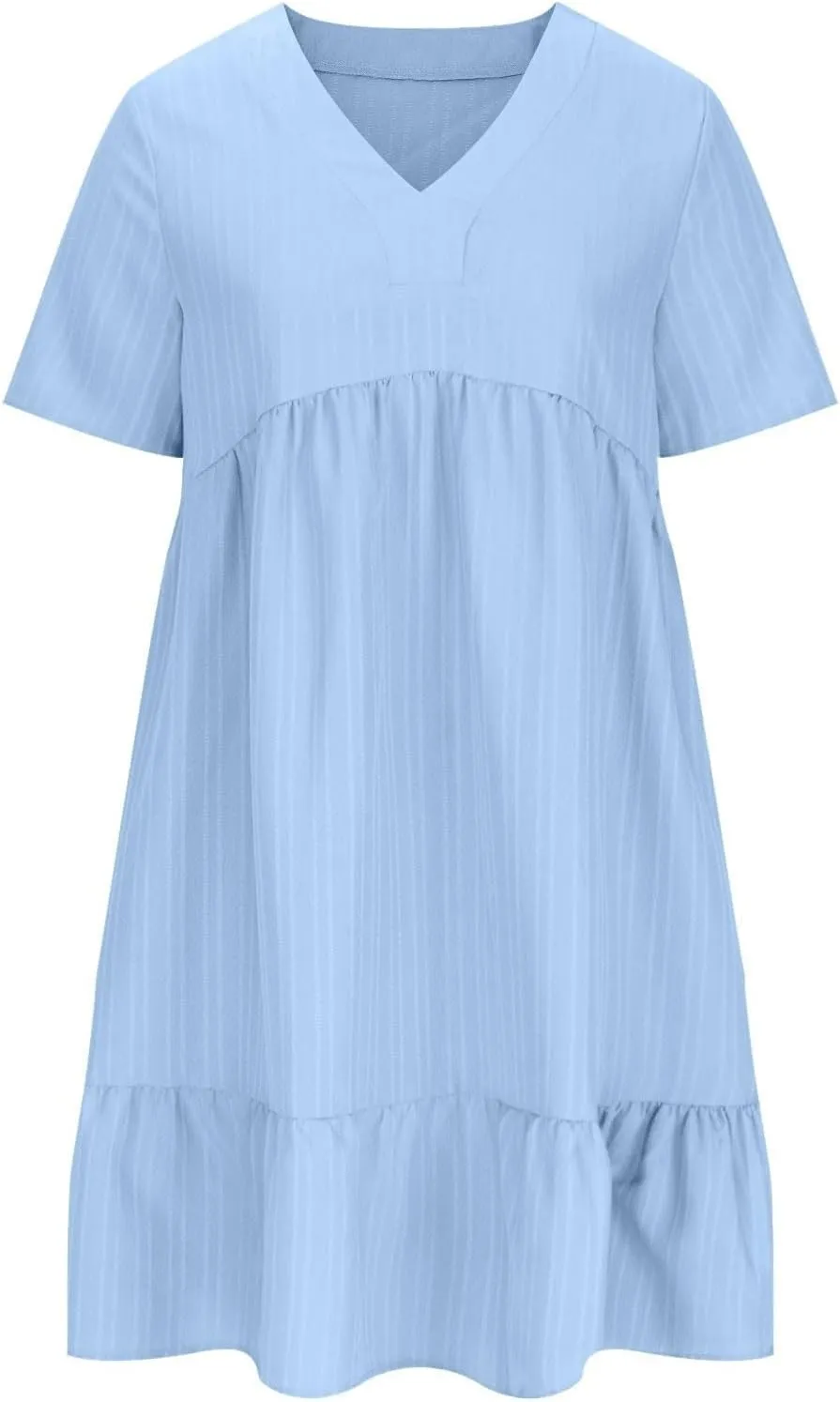 Dresses for Women 2025 Summer Short Sleeve V Neck Mini Dress Flowy Pleated Swing Shift Loose Casual Beach Sundresses