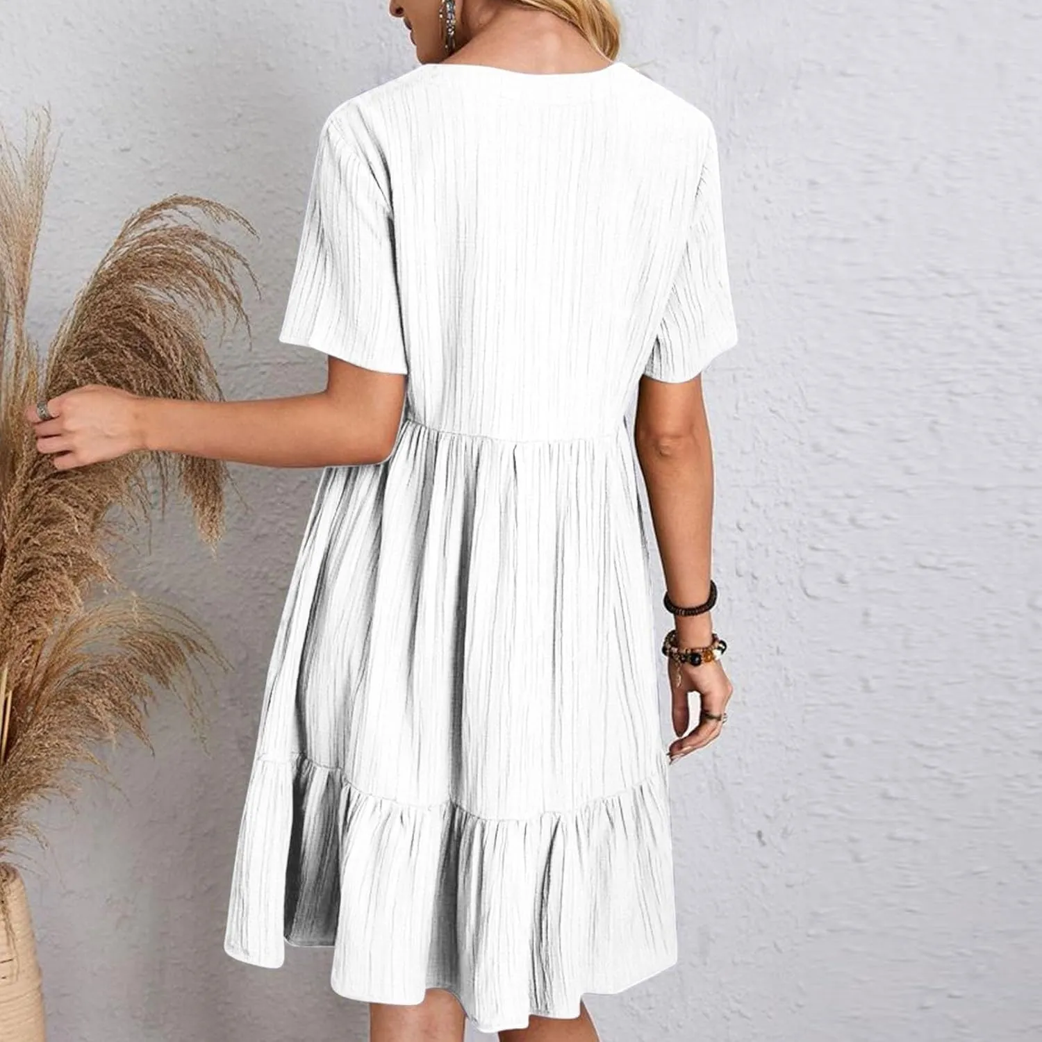 Dresses for Women 2025 Summer Short Sleeve V Neck Mini Dress Flowy Pleated Swing Shift Loose Casual Beach Sundresses