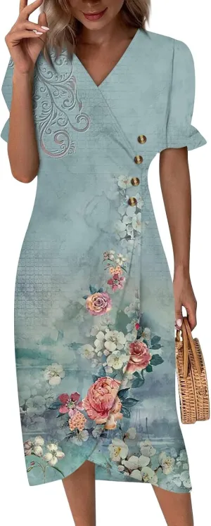 Dresses for Women 2025 V Neck Short Sleeve Dresses Ruffle Hem Printed Dress Summer Beach Dress Midi Elegant Dresses