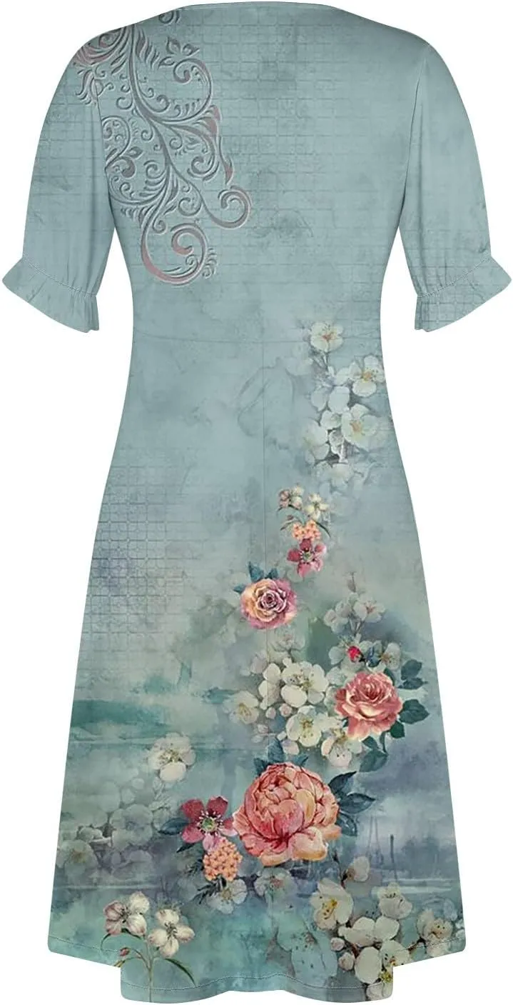 Dresses for Women 2025 V Neck Short Sleeve Dresses Ruffle Hem Printed Dress Summer Beach Dress Midi Elegant Dresses