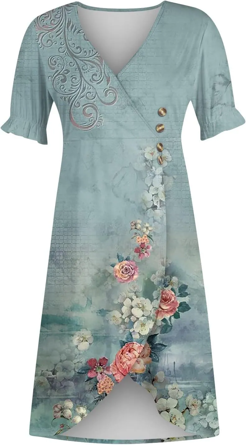 Dresses for Women 2025 V Neck Short Sleeve Dresses Ruffle Hem Printed Dress Summer Beach Dress Midi Elegant Dresses