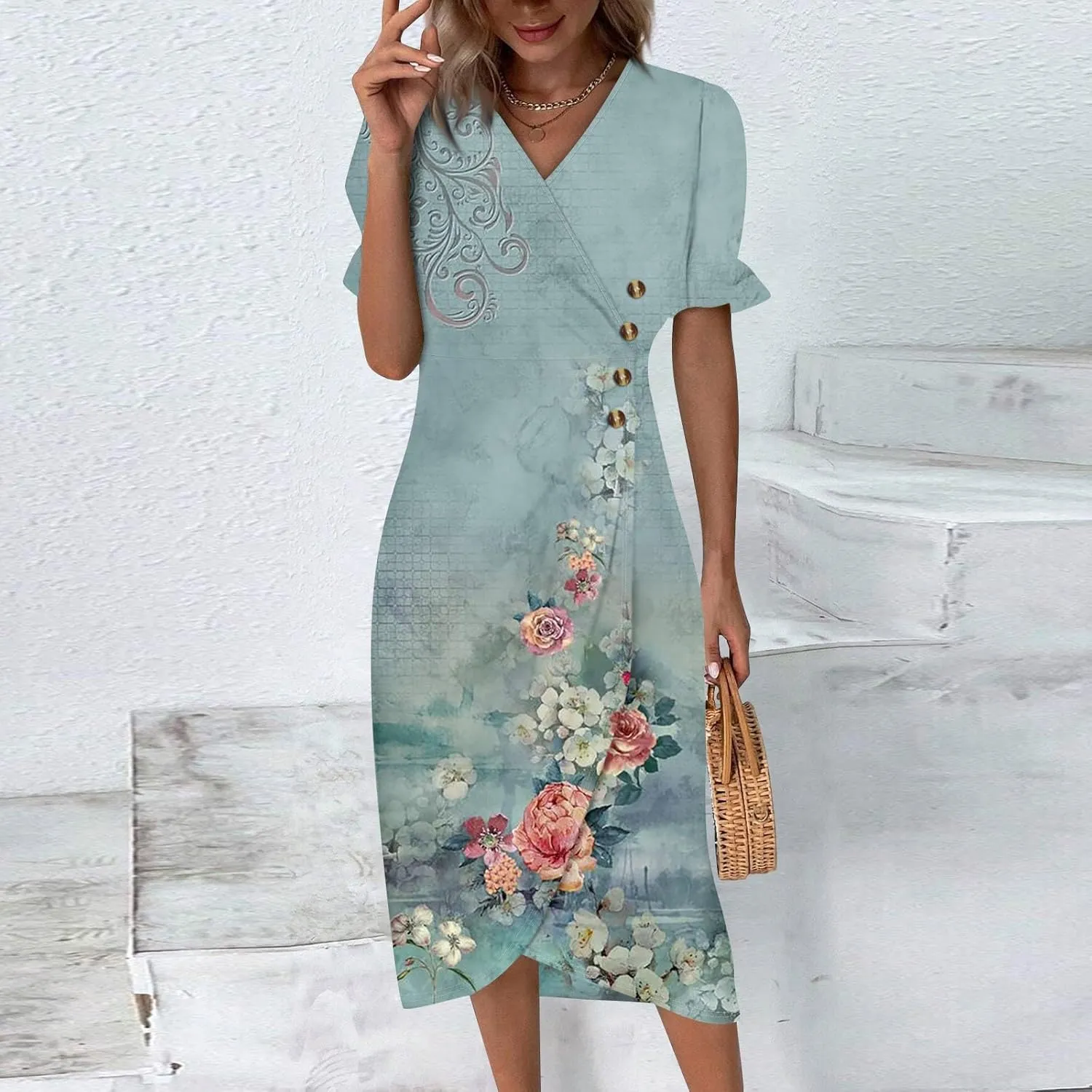 Dresses for Women 2025 V Neck Short Sleeve Dresses Ruffle Hem Printed Dress Summer Beach Dress Midi Elegant Dresses