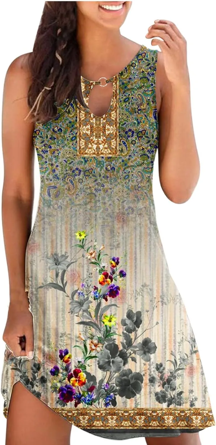 Dresses for Women Casual Sleeveless Mini Dress Fashion Aztec Print Boho Floral Sundress Boho Beach Summer Dress