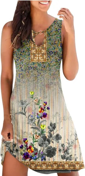 Dresses for Women Casual Sleeveless Mini Dress Fashion Aztec Print Boho Floral Sundress Boho Beach Summer Dress