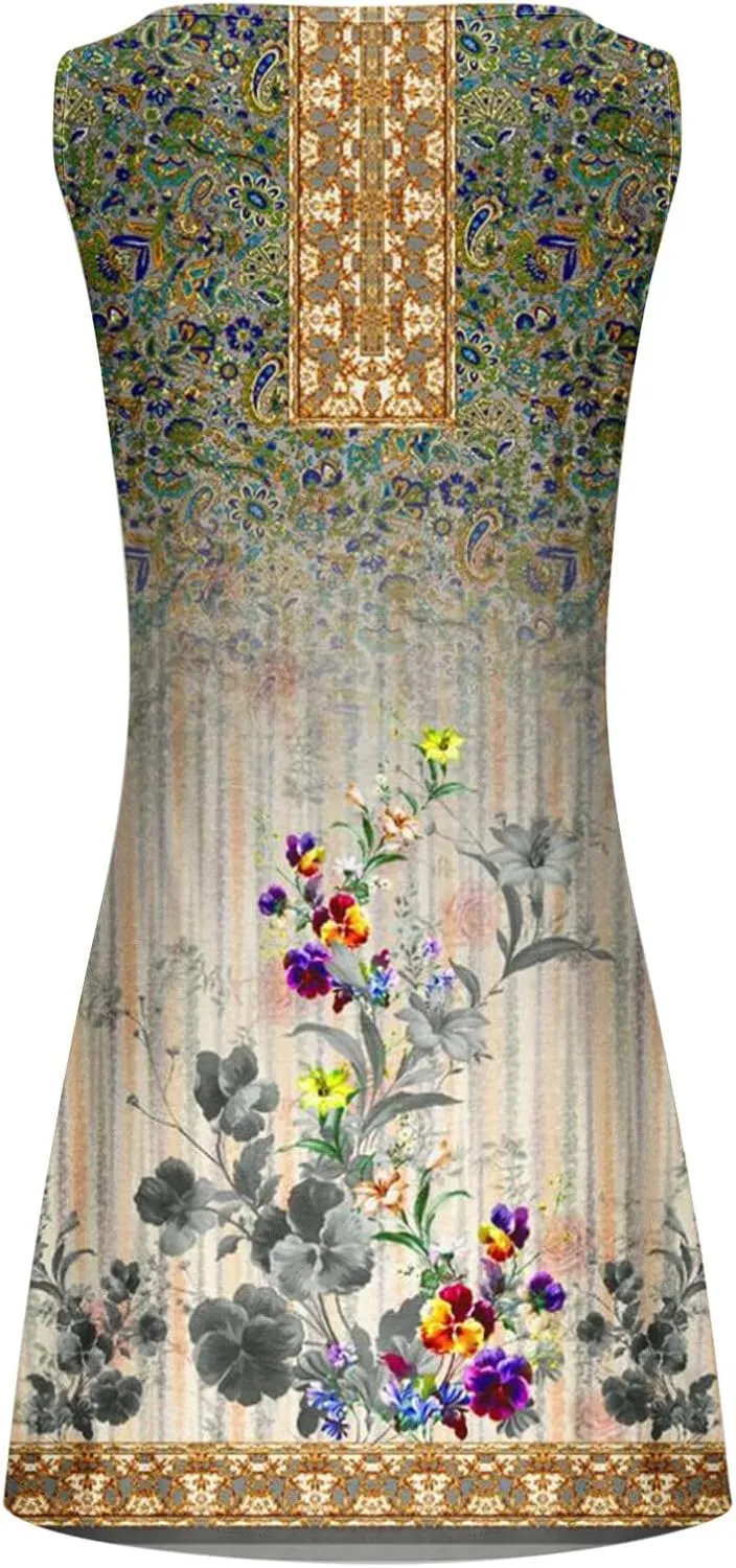 Dresses for Women Casual Sleeveless Mini Dress Fashion Aztec Print Boho Floral Sundress Boho Beach Summer Dress