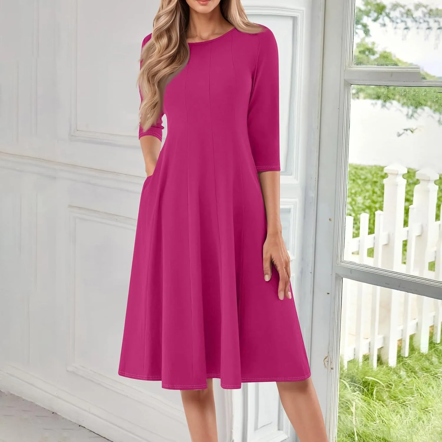 Dresses for Women Casual Summer Crewneck 3/4 Sleeve Midi Dress A Line Dresses with Pockets