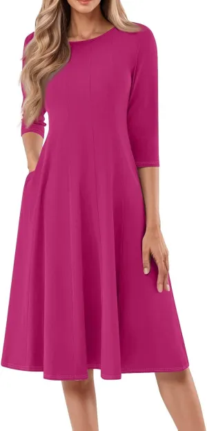 Dresses for Women Casual Summer Crewneck 3/4 Sleeve Midi Dress A Line Dresses with Pockets
