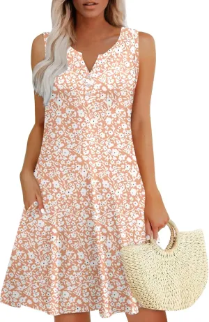 Dresses for Women Summer Boho Beach Dress Loose V Neck Sleeveless Sundresses Swimsuit with Hidden Pockets