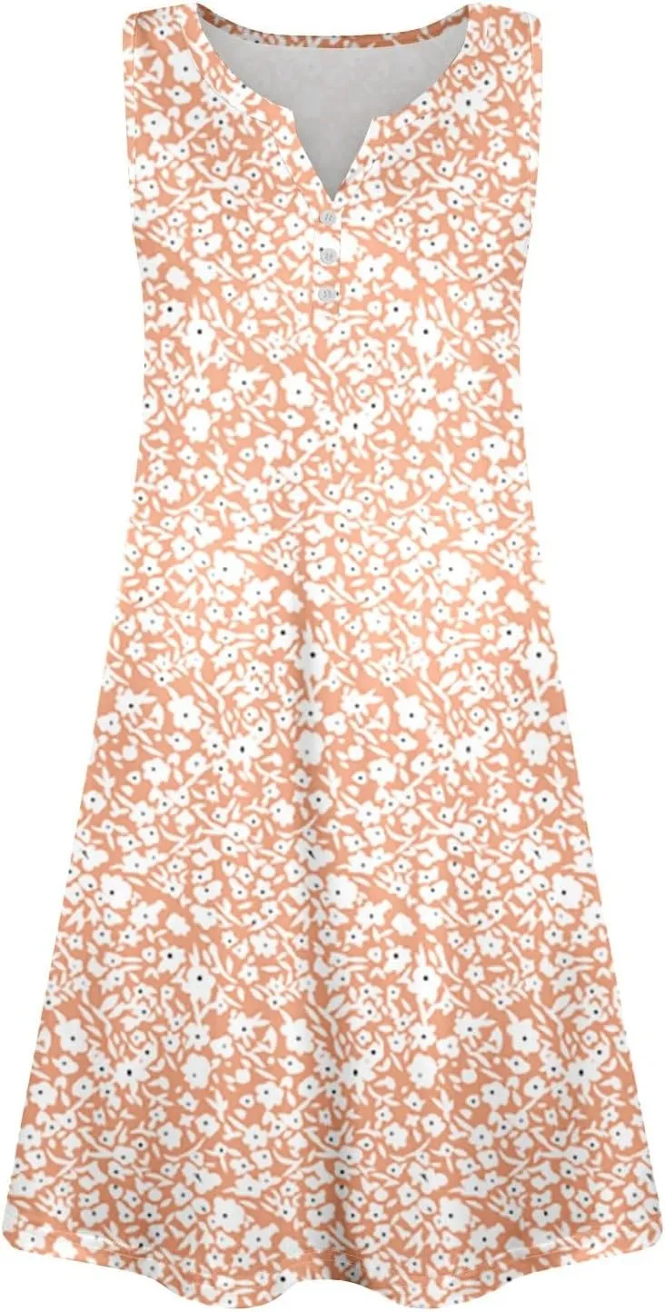 Dresses for Women Summer Boho Beach Dress Loose V Neck Sleeveless Sundresses Swimsuit with Hidden Pockets