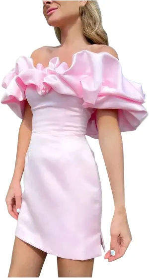 Elegant Off Shoulder Ruffle Mini Dress for Women Puff Sleeve Satin Bodycon Dress Formal Cocktail Party Wedding Look