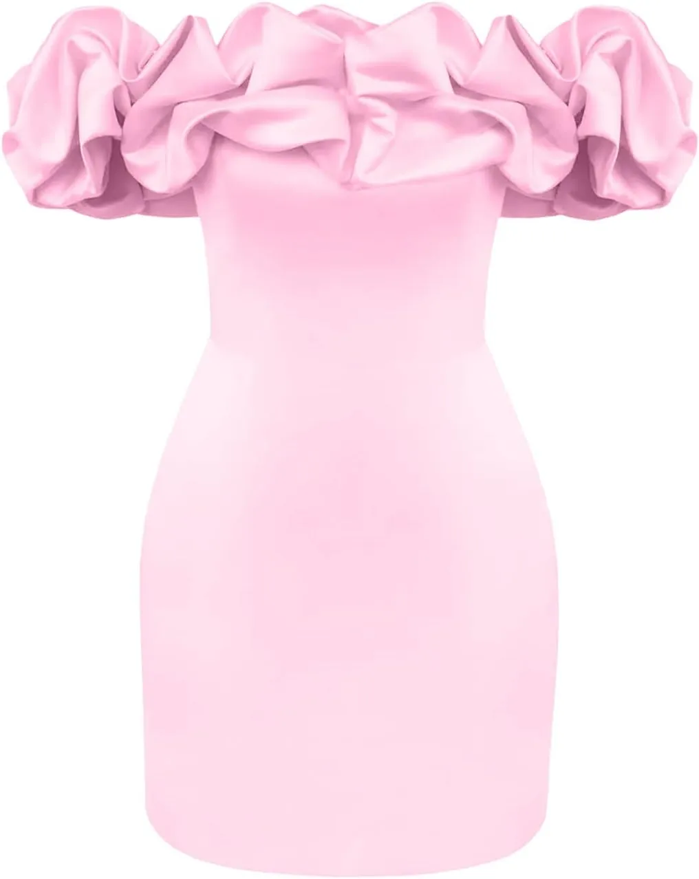 Elegant Off Shoulder Ruffle Mini Dress for Women Puff Sleeve Satin Bodycon Dress Formal Cocktail Party Wedding Look