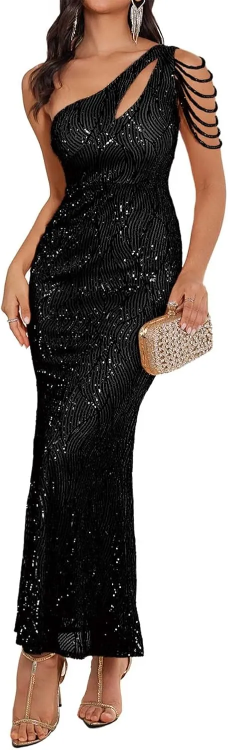 Elegant Sequin Dresses for Wedding Guest One Shoulder Dress for Women with Bead Maxi Formal Gowns