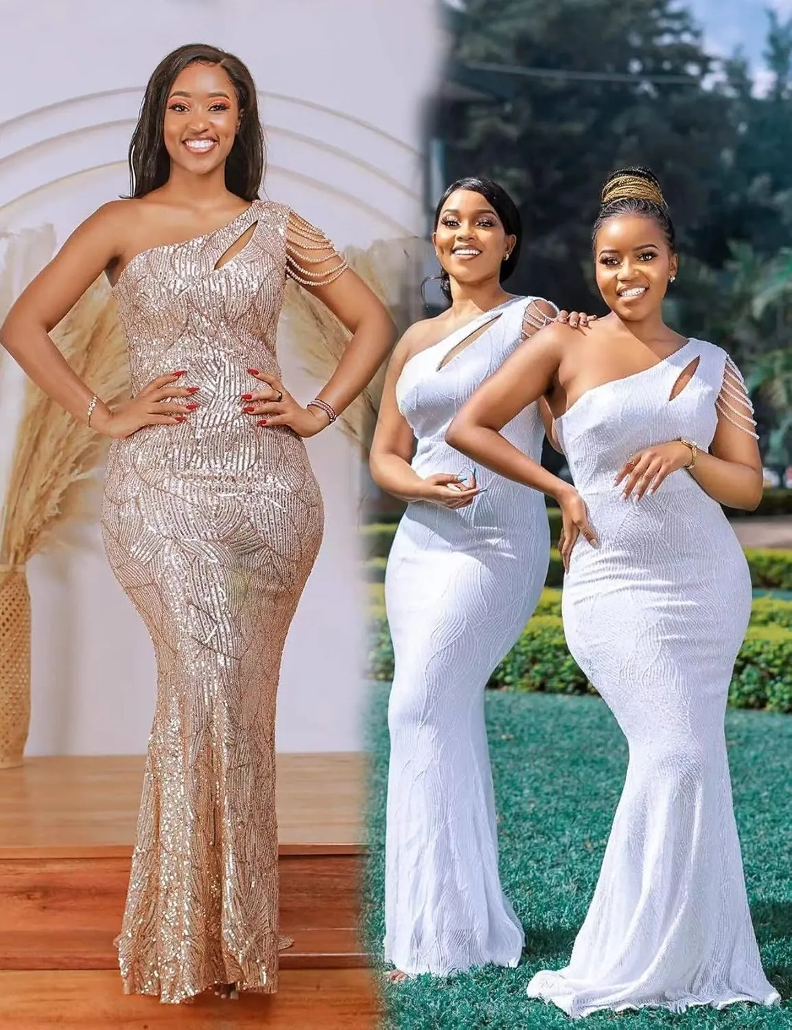 Elegant Sequin Dresses for Wedding Guest One Shoulder Dress for Women with Bead Maxi Formal Gowns