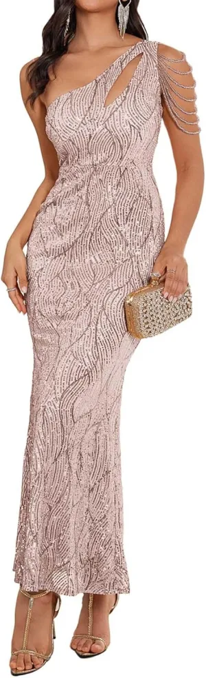 Elegant Sequin Dresses for Wedding Guest One Shoulder Dress for Women with Bead Maxi Formal Gowns