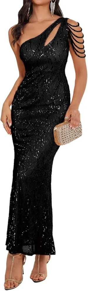 Elegant Sequin Dresses for Wedding Guest One Shoulder Dress for Women with Bead Maxi Formal Gowns