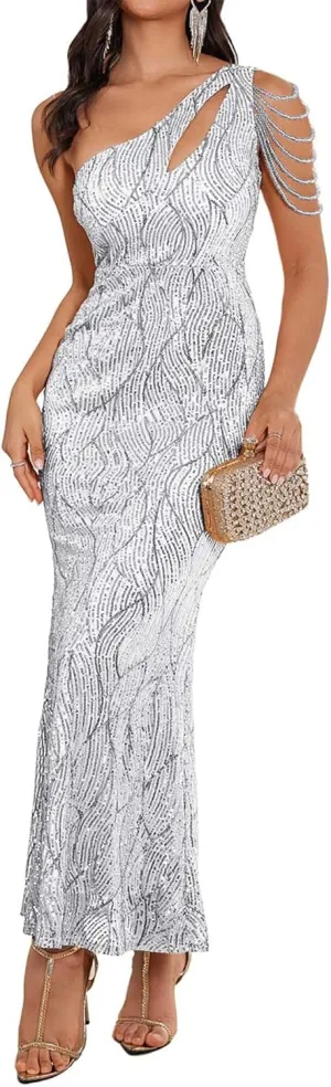 Elegant Sequin Dresses for Wedding Guest One Shoulder Dress for Women with Bead Maxi Formal Gowns